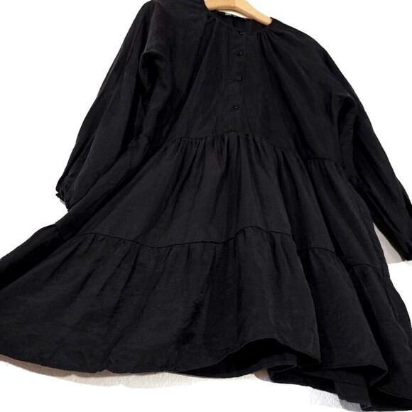 NEW Zara Tiered Button Front Babydoll Mini with Lantern Sleeves in Black Small - Picture 6 of 12